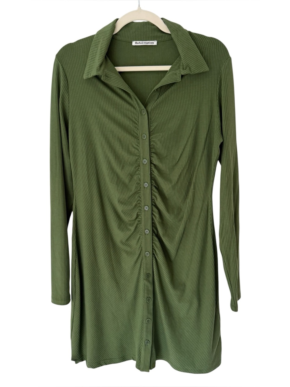 Reformation Amy Stretch Knit Button Front Ruched Shirt Dress Army Green Size XL
